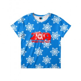 Детская футболка 3D с принтом НОВЫЙ ГОД 2019 в Санкт-Петербурге, 100% гипоаллергенный полиэфир | прямой крой, круглый вырез горловины, длина до линии бедер, чуть спущенное плечо, ткань немного тянется | christmas | new year | pig | snow | год свиньи | ёлка | зима | кабан | каникулы | новогодний паттерн | новый год | праздник | рождество | свинья | снег | снежинки