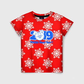 Детская футболка 3D с принтом HAPPY NEW YEAR 2019 в Санкт-Петербурге, 100% гипоаллергенный полиэфир | прямой крой, круглый вырез горловины, длина до линии бедер, чуть спущенное плечо, ткань немного тянется | christmas | new year | pig | snow | год свиньи | ёлка | зима | кабан | каникулы | новогодний паттерн | новый год | праздник | рождество | свинья | снег | снежинки