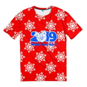 Мужская футболка 3D с принтом HAPPY NEW YEAR 2019 в Санкт-Петербурге, 100% полиэфир | прямой крой, круглый вырез горловины, длина до линии бедер | christmas | new year | pig | snow | год свиньи | ёлка | зима | кабан | каникулы | новогодний паттерн | новый год | праздник | рождество | свинья | снег | снежинки