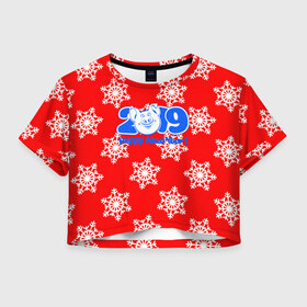 Женская футболка 3D укороченная с принтом HAPPY NEW YEAR 2019 в Санкт-Петербурге, 100% полиэстер | круглая горловина, длина футболки до линии талии, рукава с отворотами | christmas | new year | pig | snow | год свиньи | ёлка | зима | кабан | каникулы | новогодний паттерн | новый год | праздник | рождество | свинья | снег | снежинки