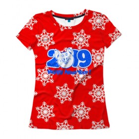 Женская футболка 3D с принтом HAPPY NEW YEAR 2019 в Санкт-Петербурге, 100% полиэфир ( синтетическое хлопкоподобное полотно) | прямой крой, круглый вырез горловины, длина до линии бедер | christmas | new year | pig | snow | год свиньи | ёлка | зима | кабан | каникулы | новогодний паттерн | новый год | праздник | рождество | свинья | снег | снежинки