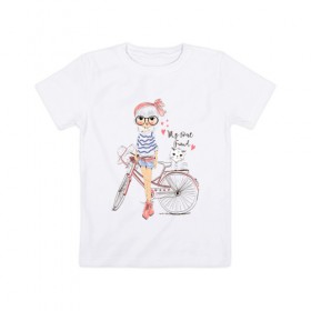 Детская футболка хлопок с принтом Девушка, котенок и велосипед в Санкт-Петербурге, 100% хлопок | круглый вырез горловины, полуприлегающий силуэт, длина до линии бедер | 