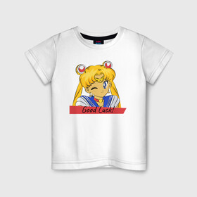 Детская футболка хлопок с принтом Sailor Moon Good Luck в Санкт-Петербурге, 100% хлопок | круглый вырез горловины, полуприлегающий силуэт, длина до линии бедер | good luck | goodluck | sailor moon | sailormoon | мультик | мультяшка | надпись | сейлор мун | сейлормун | сэйлормун | удачи