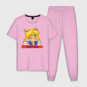 Мужская пижама хлопок с принтом Sailor Moon Good Luck в Санкт-Петербурге, 100% хлопок | брюки и футболка прямого кроя, без карманов, на брюках мягкая резинка на поясе и по низу штанин
 | Тематика изображения на принте: good luck | goodluck | sailor moon | sailormoon | мультик | мультяшка | надпись | сейлор мун | сейлормун | сэйлормун | удачи