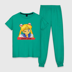 Женская пижама хлопок с принтом Sailor Moon Good Luck в Санкт-Петербурге, 100% хлопок | брюки и футболка прямого кроя, без карманов, на брюках мягкая резинка на поясе и по низу штанин | good luck | goodluck | sailor moon | sailormoon | мультик | мультяшка | надпись | сейлор мун | сейлормун | сэйлормун | удачи