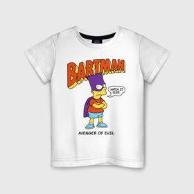 Детская футболка хлопок с принтом Барт Симпсон в Санкт-Петербурге, 100% хлопок | круглый вырез горловины, полуприлегающий силуэт, длина до линии бедер | Тематика изображения на принте: bart simpson | simpsons | барт | барт симпсон | бартмен | симпcоны | супергерой