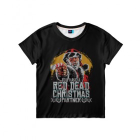 Детская футболка 3D с принтом Red Dead Christmas в Санкт-Петербурге, 100% гипоаллергенный полиэфир | прямой крой, круглый вырез горловины, длина до линии бедер, чуть спущенное плечо, ткань немного тянется | christmas | dead | gamer | john | marston | new | rdr | red | redemption | rockstar | shooter | western | xmas | year | вестерн | джон | марстон | рождество | шутер
