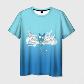 Мужская футболка 3D с принтом Happy Aye! (Fairy Tail) в Санкт-Петербурге, 100% полиэфир | прямой крой, круглый вырез горловины, длина до линии бедер | anime | blue | cat | fairy tail | happy | аниме | кот | кошка | синий | хвост феи | хэппи