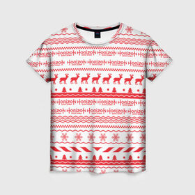 Женская футболка 3D с принтом Новогодний Horizon Zero Dawn в Санкт-Петербурге, 100% полиэфир ( синтетическое хлопкоподобное полотно) | прямой крой, круглый вырез горловины, длина до линии бедер | 2019 | action | rpg | год | игра | новый | олени | рождество | снежинки | узор | элой | эшли бёрч