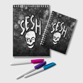 Блокнот с принтом SESH Team (Bones) в Санкт-Петербурге, 100% бумага | 48 листов, плотность листов — 60 г/м2, плотность картонной обложки — 250 г/м2. Листы скреплены удобной пружинной спиралью. Цвет линий — светло-серый
 | bones | boy | dead | deadboy | elmo | hdmi | hip | hop | kennedy | metal | rap | rapper | scream | sesh | seshollowaterboyz | skull | team | кеннеди | кости | костя | метал | рэп | рэпер | сеш | скрим | сэш | хип | хоп | череп | элмо