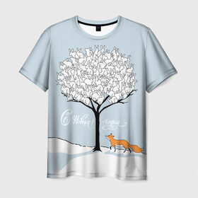 Мужская футболка 3D с принтом Зайцы на дереве в Санкт-Петербурге, 100% полиэфир | прямой крой, круглый вырез горловины, длина до линии бедер | Тематика изображения на принте: 2019 | год | дерево | дикие | животные | зайцы | зима | испуг | кролики | лесные | лиса | лисичка | мода | моло | на дереве | новый год | подарок | поздравление | праздник | рисунок | рождество | с новым годом