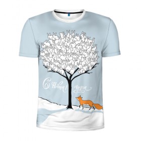 Мужская футболка 3D спортивная с принтом Зайцы на дереве в Санкт-Петербурге, 100% полиэстер с улучшенными характеристиками | приталенный силуэт, круглая горловина, широкие плечи, сужается к линии бедра | 2019 | год | дерево | дикие | животные | зайцы | зима | испуг | кролики | лесные | лиса | лисичка | мода | моло | на дереве | новый год | подарок | поздравление | праздник | рисунок | рождество | с новым годом