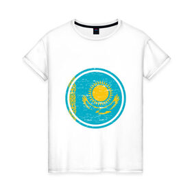Женская футболка хлопок с принтом Казахстан в Санкт-Петербурге, 100% хлопок | прямой крой, круглый вырез горловины, длина до линии бедер, слегка спущенное плечо | 