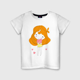 Детская футболка хлопок с принтом Девочка обнимает сердечко в Санкт-Петербурге, 100% хлопок | круглый вырез горловины, полуприлегающий силуэт, длина до линии бедер | в горошек | девочка | розовая | розовое сердце | рыжая | сердечко | сердце | счастливая | счастье | улыбка