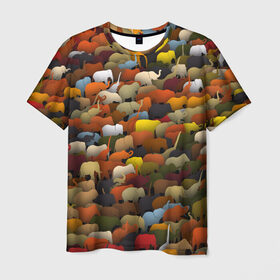 Мужская футболка 3D с принтом Слоны идут налево в Санкт-Петербурге, 100% полиэфир | прямой крой, круглый вырез горловины, длина до линии бедер | африка | животные | индия | паттрен | слон | слоники | стадо | толпа