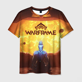Мужская футболка 3D с принтом Warframe в Санкт-Петербурге, 100% полиэфир | прямой крой, круглый вырез горловины, длина до линии бедер | бумеранг | коса | мечь | нож | оружие | перчатки | пистолет | топор | шутер | экзоскелет
