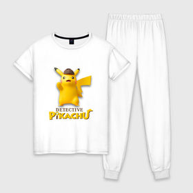 Женская пижама хлопок с принтом Detetive Pikachu в Санкт-Петербурге, 100% хлопок | брюки и футболка прямого кроя, без карманов, на брюках мягкая резинка на поясе и по низу штанин | detective | picachu | pokemon | детектив | пикачу | покемон