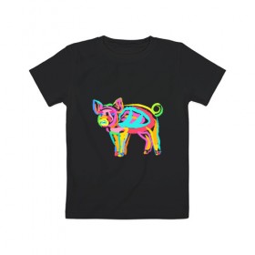 Детская футболка хлопок с принтом Color Pig в Санкт-Петербурге, 100% хлопок | круглый вырез горловины, полуприлегающий силуэт, длина до линии бедер | 