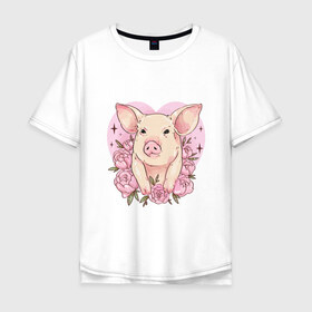 Мужская футболка хлопок Oversize с принтом Love Pig в Санкт-Петербурге, 100% хлопок | свободный крой, круглый ворот, “спинка” длиннее передней части | Тематика изображения на принте: 