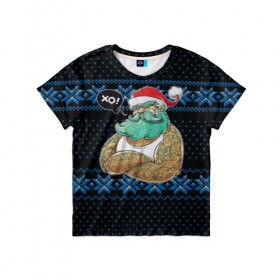 Детская футболка 3D с принтом Санта хипстер в Санкт-Петербурге, 100% гипоаллергенный полиэфир | прямой крой, круглый вырез горловины, длина до линии бедер, чуть спущенное плечо, ткань немного тянется | дед мороз | зима | клаус | новый год | санта | снежинки | узор | хипстер