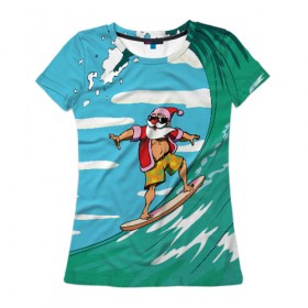 Женская футболка 3D с принтом Cool Santa в Санкт-Петербурге, 100% полиэфир ( синтетическое хлопкоподобное полотно) | прямой крой, круглый вырез горловины, длина до линии бедер | cool | creative | design | holiday | merry christmas | new year | sea | summer | surfing | wave | волна | дизайн | канары | креатив | круто | лето | море | новый год | рождество | сёрфинг