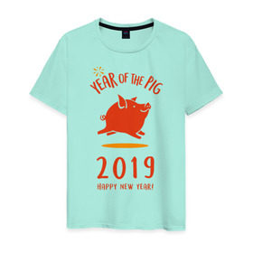 Мужская футболка хлопок с принтом Год Свиньи в Санкт-Петербурге, 100% хлопок | прямой крой, круглый вырез горловины, длина до линии бедер, слегка спущенное плечо. | 2019 | дед мороз | дом | елка | желание | животные | зима | кабан | милый | мороз | настроение | новый год | пеппа | подарок | позитив | поросенок | праздник | радость | рождество | салют | санта клаус