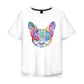 Мужская футболка хлопок Oversize с принтом Разноцветная мордашка кота в Санкт-Петербурге, 100% хлопок | свободный крой, круглый ворот, “спинка” длиннее передней части | большие уши | гипно кот | кот | котик | кошка | лицо | уши | ушной | цветная