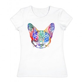 Женская футболка хлопок с принтом Разноцветная мордашка кота в Санкт-Петербурге, 100% хлопок | прямой крой, круглый вырез горловины, длина до линии бедер, слегка спущенное плечо | большие уши | гипно кот | кот | котик | кошка | лицо | уши | ушной | цветная