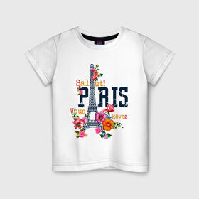 Детская футболка хлопок с принтом Salut PARIS в Санкт-Петербурге, 100% хлопок | круглый вырез горловины, полуприлегающий силуэт, длина до линии бедер | paris | башня | париж | салют | франция | французская | цветочки | цветы | эйфелева башня | эйфелевая башня