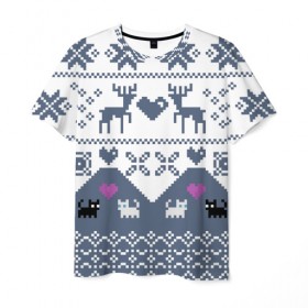 Мужская футболка 3D с принтом Новогодняя любовь в Санкт-Петербурге, 100% полиэфир | прямой крой, круглый вырез горловины, длина до линии бедер | cat | cneg | love | new year | sneg | snow | зима | кот | котята | кошка | любовь | новый год | олени | подарок | подарок любимог | подарок на новый год | рождество | сердечки | сердце | снег | снежинки | холод