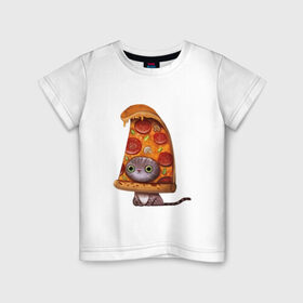Детская футболка хлопок с принтом Котенок - пицца в Санкт-Петербурге, 100% хлопок | круглый вырез горловины, полуприлегающий силуэт, длина до линии бедер | арт | грибы | колбаса | котенок | кусок | пицца | рисунок | тесто