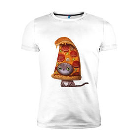 Мужская футболка премиум с принтом Котенок - пицца в Санкт-Петербурге, 92% хлопок, 8% лайкра | приталенный силуэт, круглый вырез ворота, длина до линии бедра, короткий рукав | арт | грибы | колбаса | котенок | кусок | пицца | рисунок | тесто