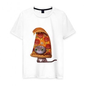 Мужская футболка хлопок с принтом Котенок - пицца в Санкт-Петербурге, 100% хлопок | прямой крой, круглый вырез горловины, длина до линии бедер, слегка спущенное плечо. | арт | грибы | колбаса | котенок | кусок | пицца | рисунок | тесто