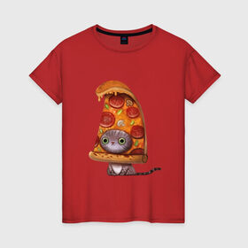 Женская футболка хлопок с принтом Котенок - пицца в Санкт-Петербурге, 100% хлопок | прямой крой, круглый вырез горловины, длина до линии бедер, слегка спущенное плечо | арт | грибы | колбаса | котенок | кусок | пицца | рисунок | тесто
