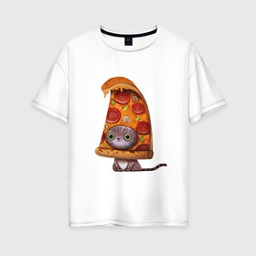 Женская футболка хлопок Oversize с принтом Котенок - пицца в Санкт-Петербурге, 100% хлопок | свободный крой, круглый ворот, спущенный рукав, длина до линии бедер
 | арт | грибы | колбаса | котенок | кусок | пицца | рисунок | тесто