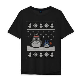 Мужская футболка хлопок Oversize с принтом New Year Totoro в Санкт-Петербурге, 100% хлопок | свободный крой, круглый ворот, “спинка” длиннее передней части | Тематика изображения на принте: 2019 | дед мороз | дом | елка | желание | животные | зима | кабан | милый | мороз | настроение | новый год | пеппа | подарок | позитив | поросенок | праздник | радость | рождество | санта клаус | свинка