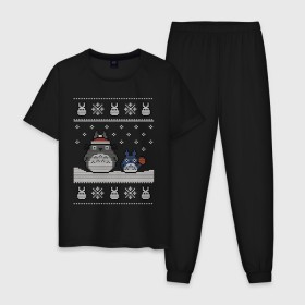 Мужская пижама хлопок с принтом New Year Totoro в Санкт-Петербурге, 100% хлопок | брюки и футболка прямого кроя, без карманов, на брюках мягкая резинка на поясе и по низу штанин
 | 2019 | дед мороз | дом | елка | желание | животные | зима | кабан | милый | мороз | настроение | новый год | пеппа | подарок | позитив | поросенок | праздник | радость | рождество | санта клаус | свинка