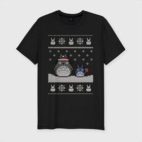 Мужская футболка премиум с принтом New Year Totoro в Санкт-Петербурге, 92% хлопок, 8% лайкра | приталенный силуэт, круглый вырез ворота, длина до линии бедра, короткий рукав | Тематика изображения на принте: 2019 | дед мороз | дом | елка | желание | животные | зима | кабан | милый | мороз | настроение | новый год | пеппа | подарок | позитив | поросенок | праздник | радость | рождество | санта клаус | свинка