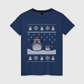 Женская футболка хлопок с принтом New Year Totoro в Санкт-Петербурге, 100% хлопок | прямой крой, круглый вырез горловины, длина до линии бедер, слегка спущенное плечо | 2019 | дед мороз | дом | елка | желание | животные | зима | кабан | милый | мороз | настроение | новый год | пеппа | подарок | позитив | поросенок | праздник | радость | рождество | санта клаус | свинка