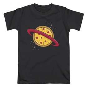 Мужская футболка хлопок с принтом Пицца Планета в Санкт-Петербурге, 100% хлопок | прямой крой, круглый вырез горловины, длина до линии бедер, слегка спущенное плечо. | галактика | пицца | планета | планеты | с едой | сатурн