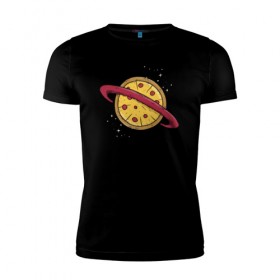 Мужская футболка премиум с принтом Пицца Планета в Санкт-Петербурге, 92% хлопок, 8% лайкра | приталенный силуэт, круглый вырез ворота, длина до линии бедра, короткий рукав | галактика | пицца | планета | планеты | с едой | сатурн