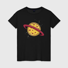 Женская футболка хлопок с принтом Пицца Планета в Санкт-Петербурге, 100% хлопок | прямой крой, круглый вырез горловины, длина до линии бедер, слегка спущенное плечо | галактика | пицца | планета | планеты | с едой | сатурн