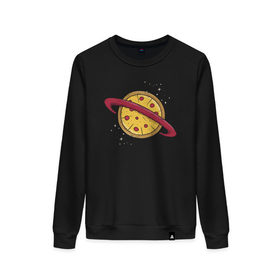 Женский свитшот хлопок с принтом Пицца Планета в Санкт-Петербурге, 100% хлопок | прямой крой, круглый вырез, на манжетах и по низу широкая трикотажная резинка  | галактика | пицца | планета | планеты | с едой | сатурн