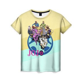 Женская футболка 3D с принтом JOJO в Санкт-Петербурге, 100% полиэфир ( синтетическое хлопкоподобное полотно) | прямой крой, круглый вырез горловины, длина до линии бедер | adventure | anime | bizzare | jo jo | jojo | logo | manga | аниме | араки | ахегао | джо | джо джо | джоджо | жижа | жожа | жожо | йойо | лого | манга | мульт | мультфильм | отаку | сериал | символ | хирохико | юри | яой