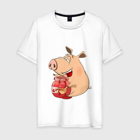 Мужская футболка хлопок с принтом Свинка ест вишневое варенье в Санкт-Петербурге, 100% хлопок | прямой крой, круглый вырез горловины, длина до линии бедер, слегка спущенное плечо. | Тематика изображения на принте: 2019 | варенье | вишня | ложка | поросенок | пятачок | свин | свинка | свинья | символгода | уши | хвост