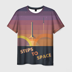 Мужская футболка 3D с принтом STEPS TO SPACE в Санкт-Петербурге, 100% полиэфир | прямой крой, круглый вырез горловины, длина до линии бедер | elon musk | falcon 9 | spacex | илон маск | ступень ракеты