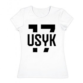 Женская футболка хлопок с принтом USYK 17 в Санкт-Петербурге, 100% хлопок | прямой крой, круглый вырез горловины, длина до линии бедер, слегка спущенное плечо | usyk | wbc | боец | бокс | боксер | украина | усик | чемпион