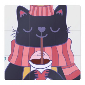 Магнитный плакат 3Х3 с принтом Зима - это кофе в Санкт-Петербурге, Полимерный материал с магнитным слоем | 9 деталей размером 9*9 см | cat | coffee | kitty | зима | зимний | кот | котенок | котик | котики | котэ | кофе | кофейный | кошка | кружка | сердечко | сердце | теплый | шапочка