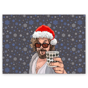 Поздравительная открытка с принтом Лебовски Санта в Санкт-Петербурге, 100% бумага | плотность бумаги 280 г/м2, матовая, на обратной стороне линовка и место для марки
 | balls | big lebowski | bowling | film | happy christmas | movie | santa claus | skittles | большой лебовски | боулинг | дед мороз | кегли | кино | колпак | красная шапка | новый год | праздник | рождество | с новым годом | санта клаус