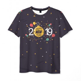 Мужская футболка 3D с принтом Happy new year 2019 в Санкт-Петербурге, 100% полиэфир | прямой крой, круглый вырез горловины, длина до линии бедер | 